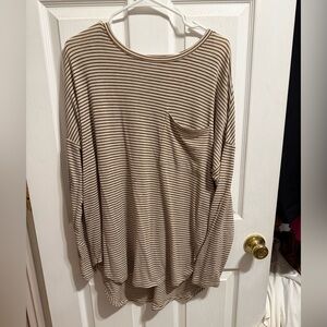 Old Navy Tan and White Striped V-Neck Shirt